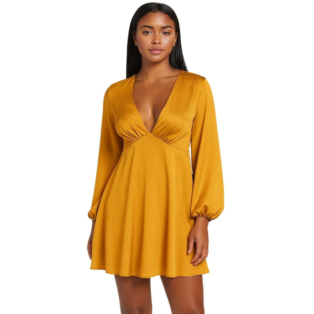 BCBGeneration Dress 2 Yellow Mini A Line V Neck Long Sleeve Retro Satin Chic NEW